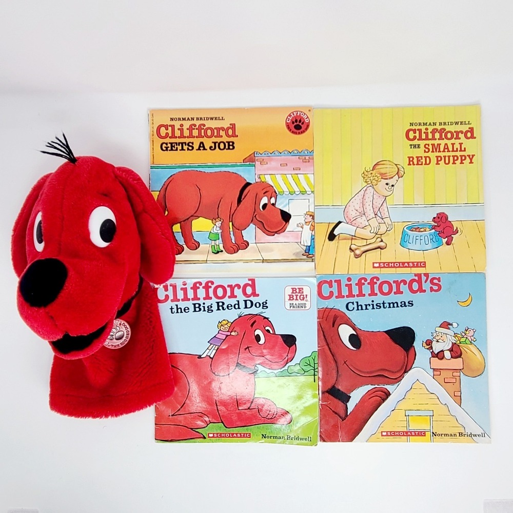 VINTAGE 1990 Clifford Big Red Dog Hand Puppet + 4 Books STORYTIME Dakin PBS